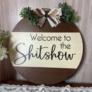 Welcome Sign with Bow and Greenery Cream and Brown Door Hanger